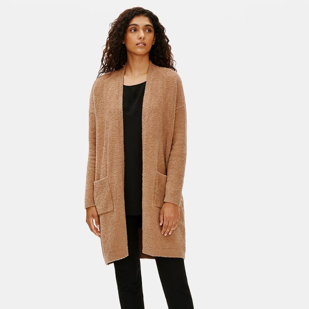 Eileen Fisher Organic Cotton Boucle Fuzzy Long Brown Cardigan Sweater Women’s XS